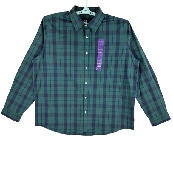 GAP Men's Stretch Long Sleeve Collared Green Sycamore Plaid Shirt Size XXL NWT - Picture 1 of 9